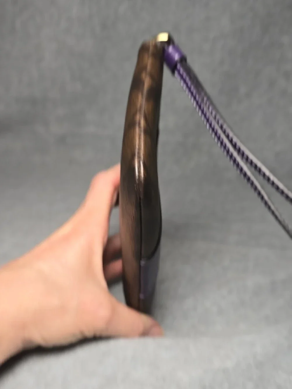 Coach Brown Signature Coated Canvas Wristlet with Purple Leather Center Stripe